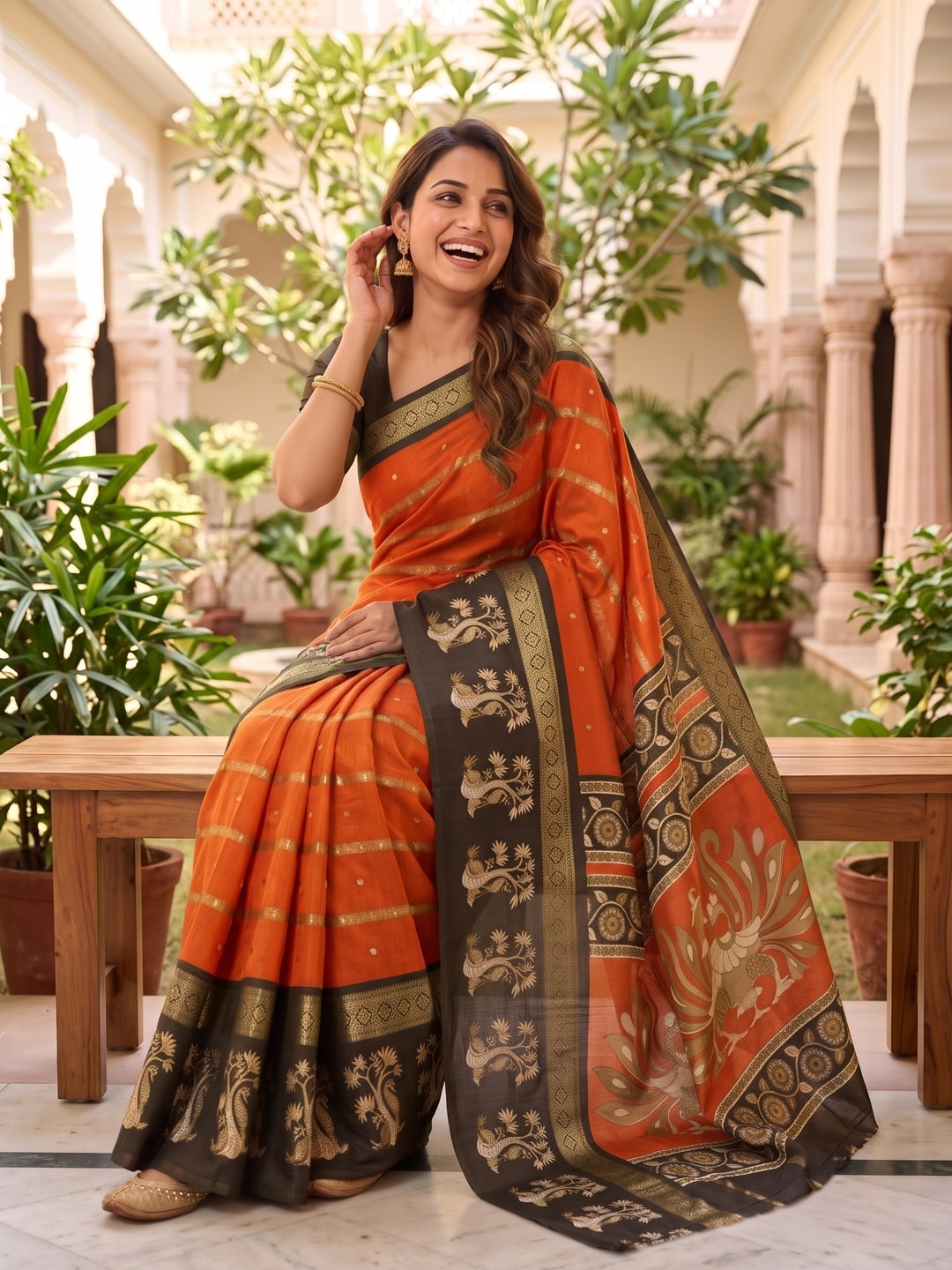 Peachmode Orange Soft Cotton Bentex Zari Jacquard Saree With Kalamkari Peacock Design - Image 4
