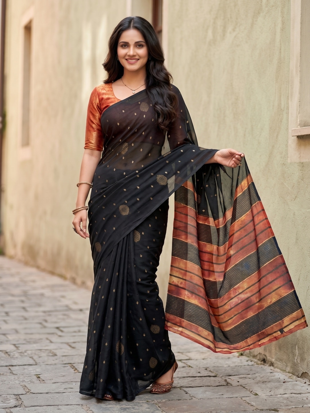 Peachmode Black Soft Moss Georgette Saree With Semi Digital Palav Design And Foil Print - Image 1