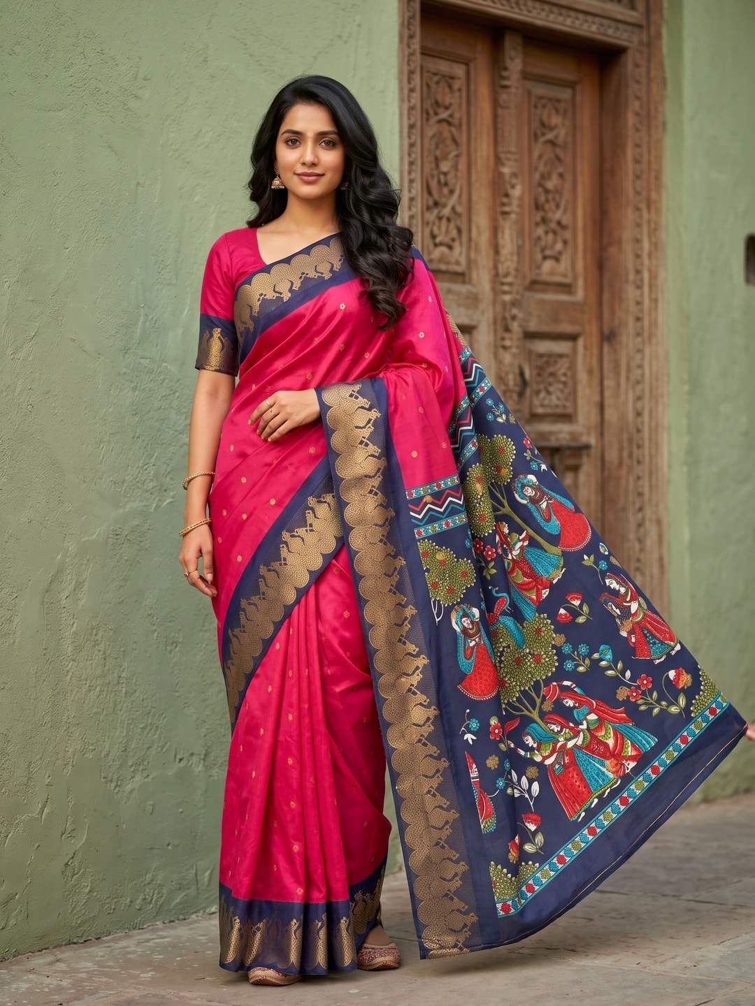 Peachmode Rani Soft Cotton Zari Jacquard Saree With Temple Border And Kalamkari Pallu - Image 1