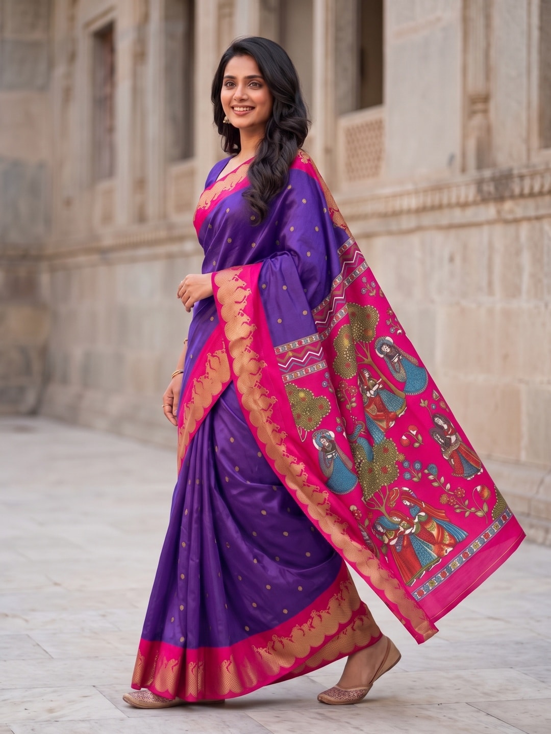 Peachmode Purple Soft Cotton Zari Jacquard Saree With Temple Border And Kalamkari Pallu - Image 3
