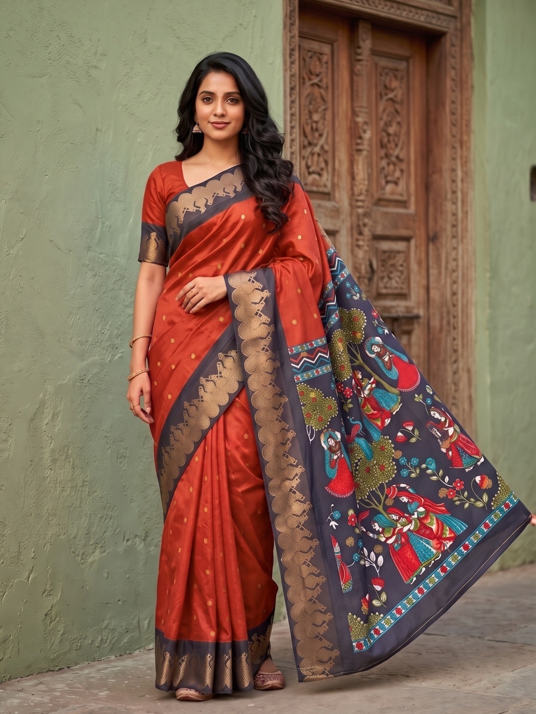 Peachmode Orange Soft Cotton Zari Jacquard Saree With Temple Border And Kalamkari Pallu - Image 1