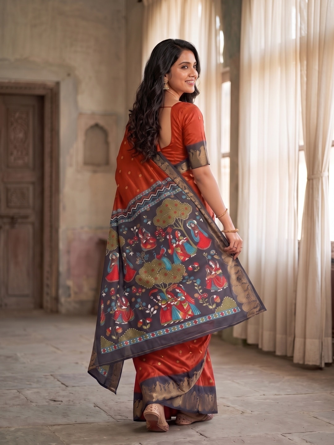 Peachmode Orange Soft Cotton Zari Jacquard Saree With Temple Border And Kalamkari Pallu - Image 2
