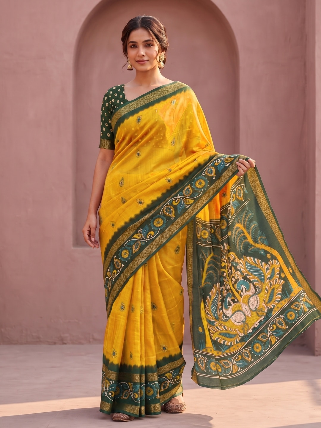 Peachmode Yellow Soft Moss Georgette Saree With Bentex Zari Jacquard Border And Kalamkari Peacock Pallu - Image 1