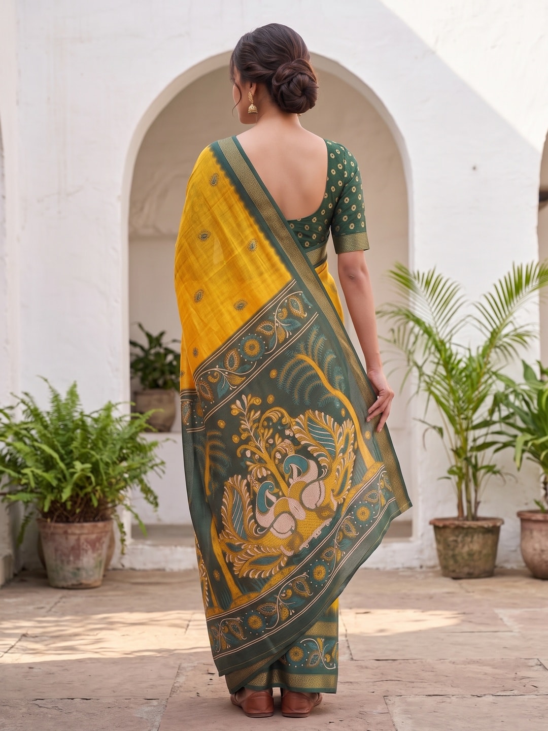 Peachmode Yellow Soft Moss Georgette Saree With Bentex Zari Jacquard Border And Kalamkari Peacock Pallu - Image 2