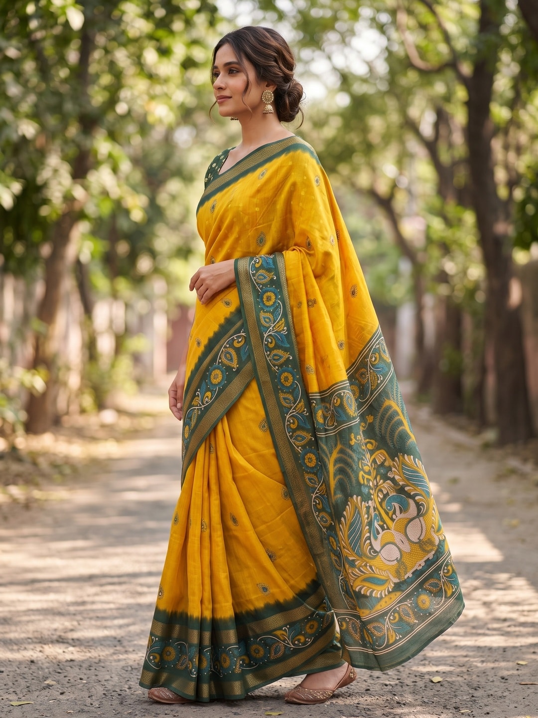 Peachmode Yellow Soft Moss Georgette Saree With Bentex Zari Jacquard Border And Kalamkari Peacock Pallu - Image 3