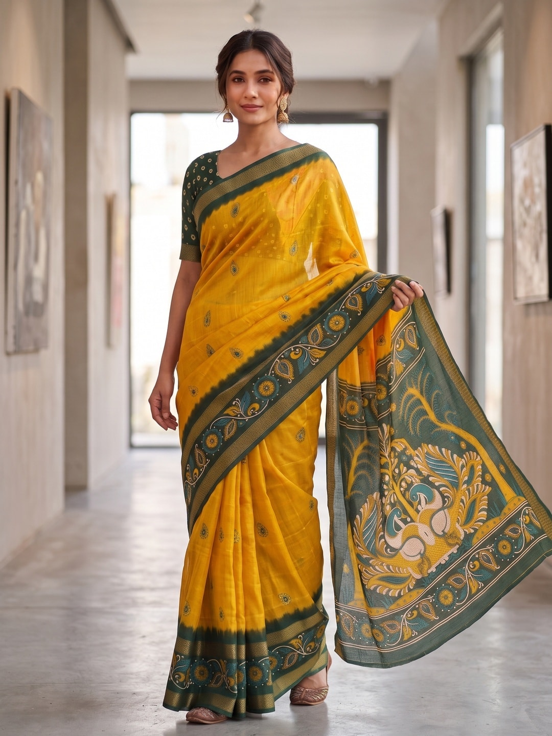 Peachmode Yellow Soft Moss Georgette Saree With Bentex Zari Jacquard Border And Kalamkari Peacock Pallu - Image 4