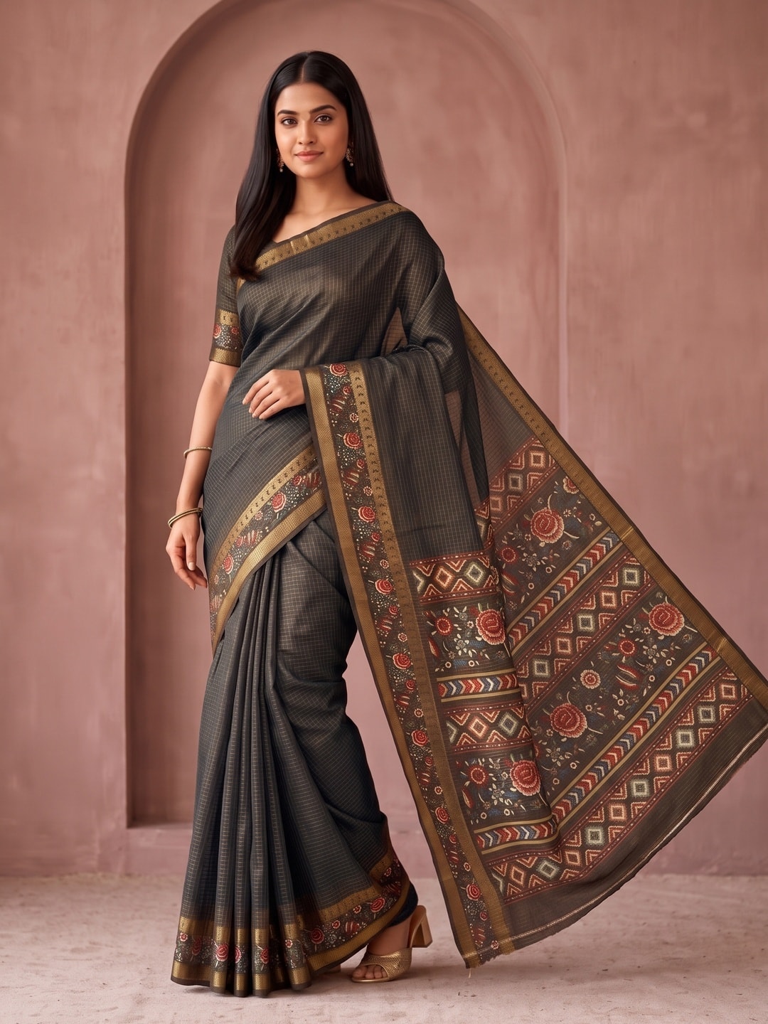 Peachmode Black Soft Cotton Bentex Chex Zari Jacquard Saree With Embroidery-Style Print Pallu - Image 1
