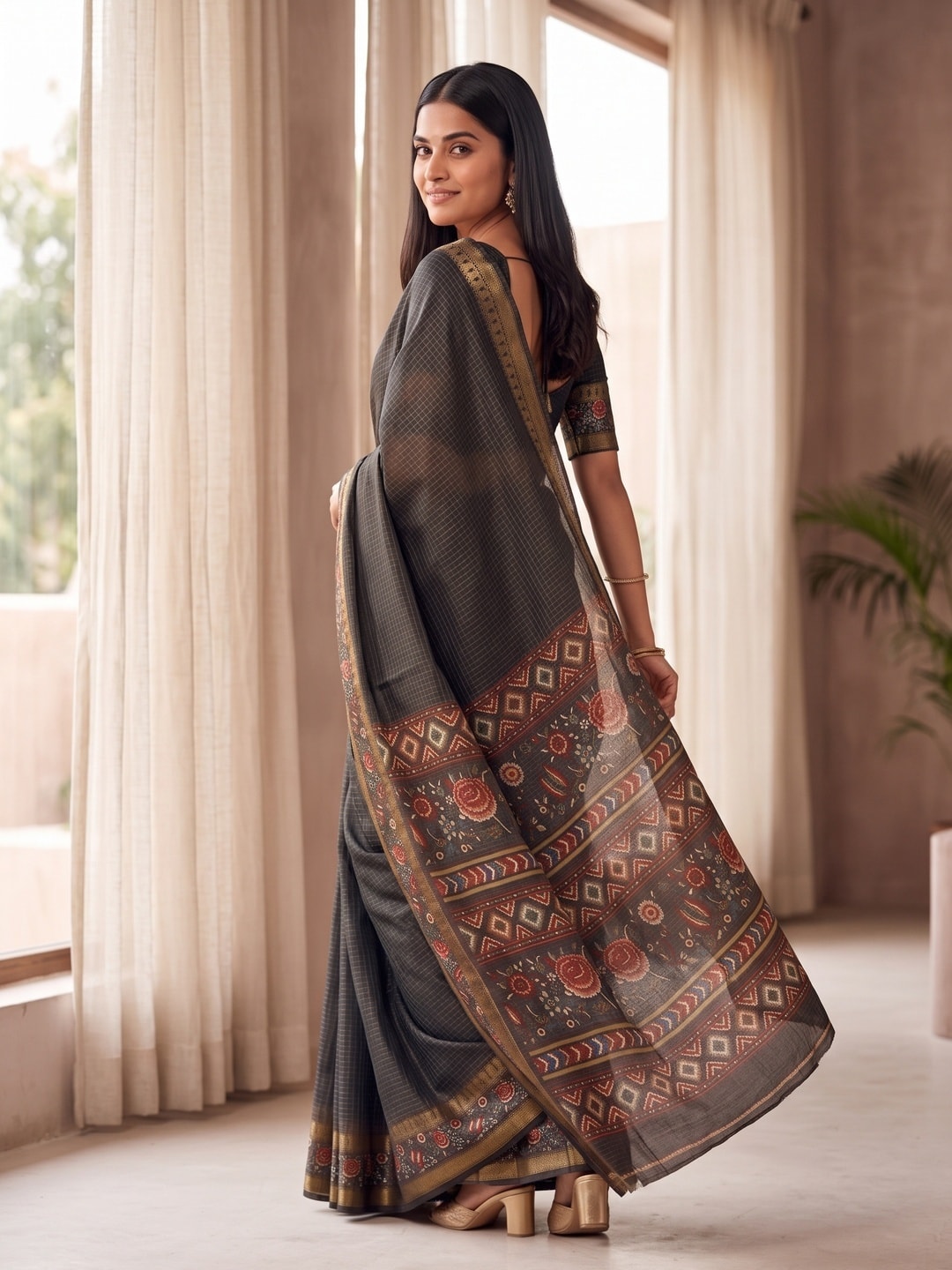 Peachmode Black Soft Cotton Bentex Chex Zari Jacquard Saree With Embroidery-Style Print Pallu - Image 2