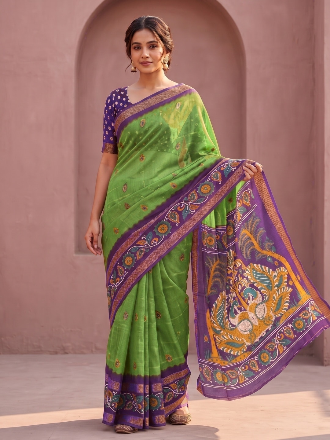 Peachmode Olive Green Soft Moss Georgette Saree With Bentex Zari Jacquard Border And Kalamkari Peacock Pallu - Image 1