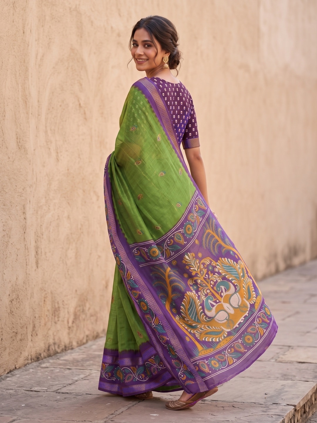 Peachmode Olive Green Soft Moss Georgette Saree With Bentex Zari Jacquard Border And Kalamkari Peacock Pallu - Image 2