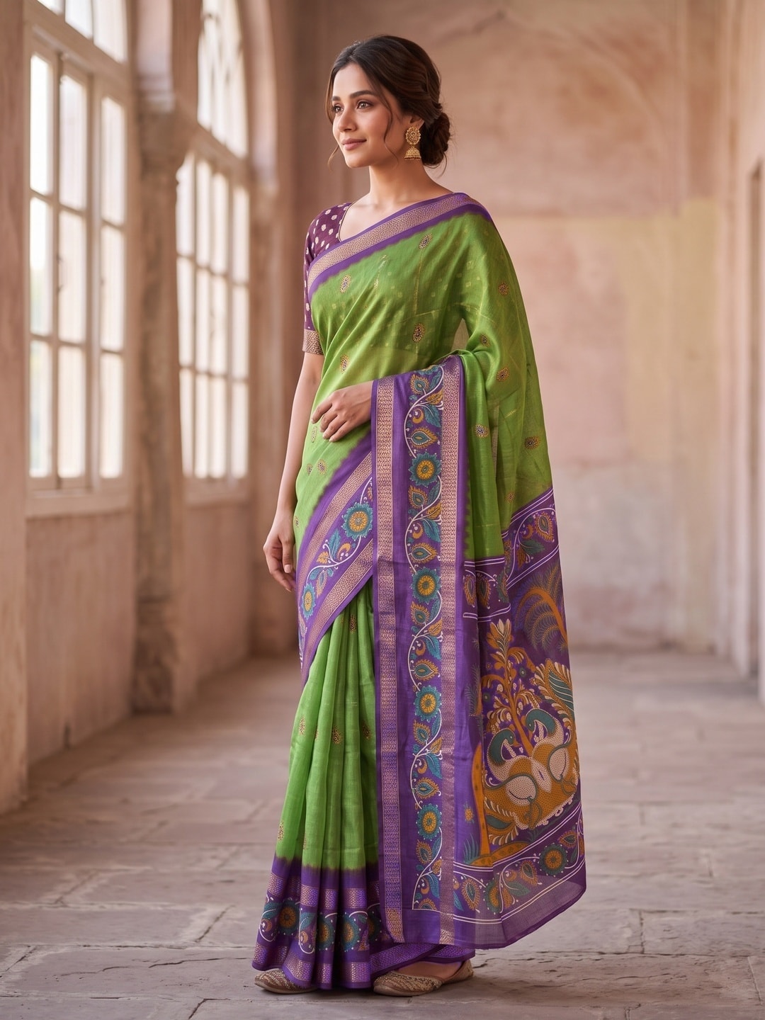 Peachmode Olive Green Soft Moss Georgette Saree With Bentex Zari Jacquard Border And Kalamkari Peacock Pallu - Image 3