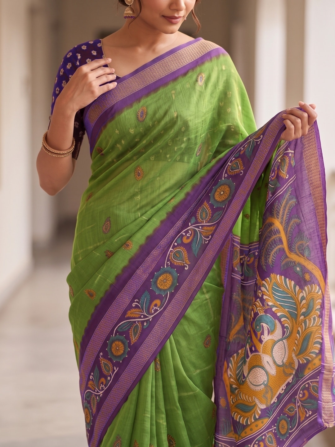 Peachmode Olive Green Soft Moss Georgette Saree With Bentex Zari Jacquard Border And Kalamkari Peacock Pallu - Image 5
