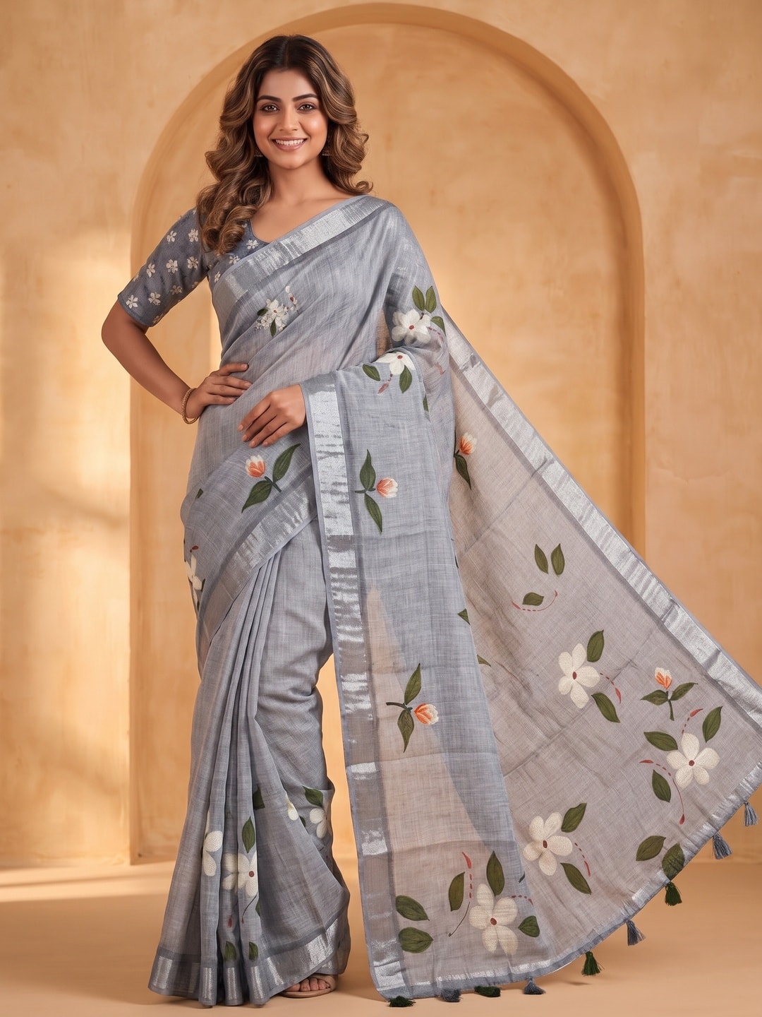 Peachmode Grey Pure Linen Weave Saree With Chennur Cotton Print And Thread Mirror Work With Tassels - Image 1