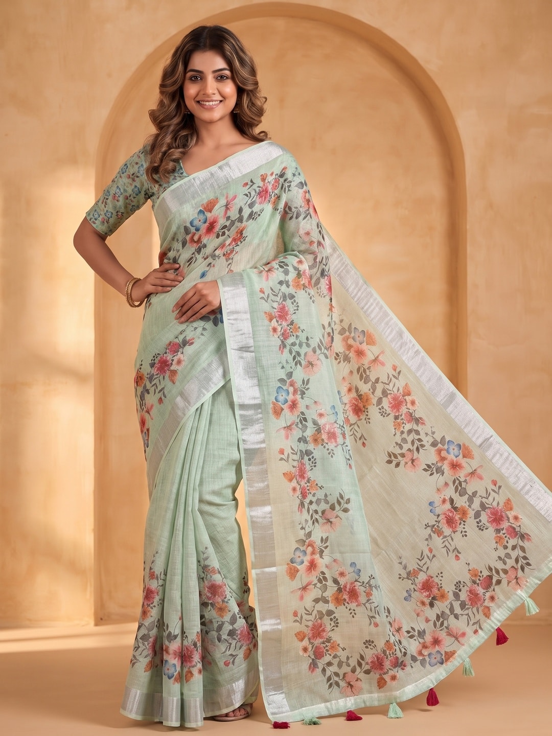 Peachmode Pista Pure Linen Weave Saree With Chennur Cotton Print And Thread Mirror Work With Tassels - Image 1