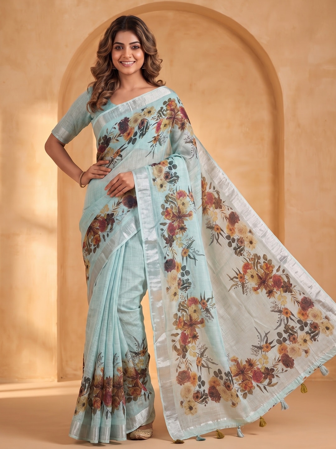 Peachmode Aqua Pure Linen Weave Saree With Chennur Cotton Print And Thread Mirror Work With Tassels - Image 1
