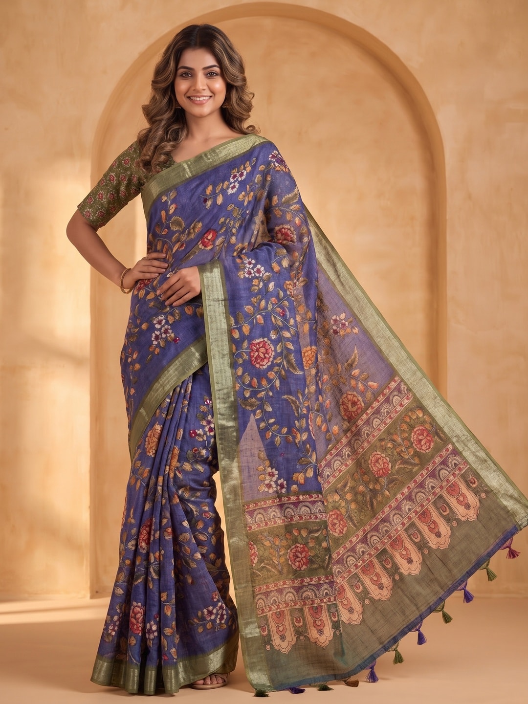 Peachmode Blue Pure Linen Weave Saree With Chennur Cotton Print And Thread Mirror Work With Tassels - Image 1