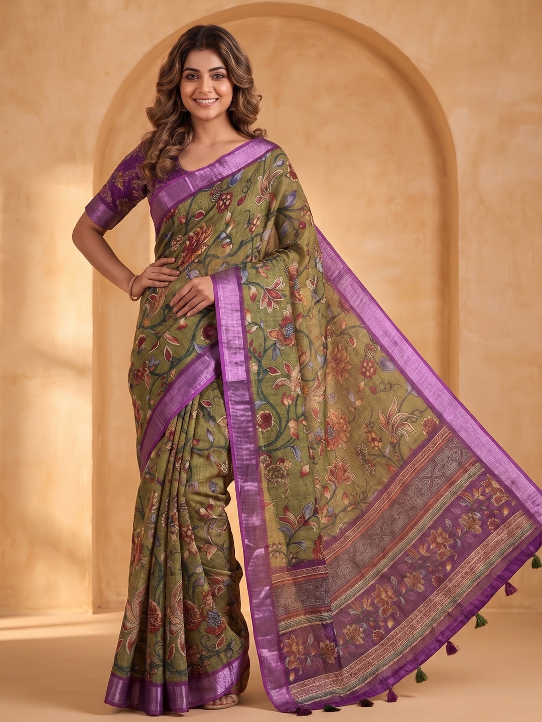 Peachmode Olive Pure Linen Weave Saree With Chennur Cotton Print And Thread Mirror Work With Tassels - Image 1
