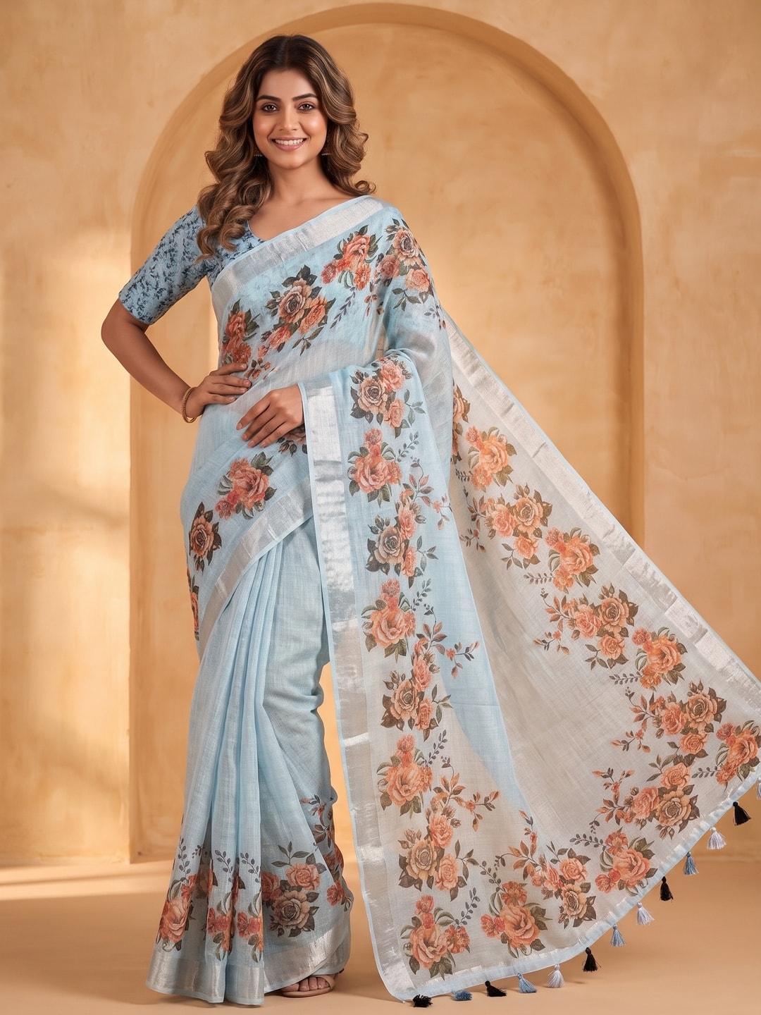 Peachmode Sky Blue Pure Linen Weave Saree With Chennur Cotton Print And Thread Mirror Work With Tassels - Image 1