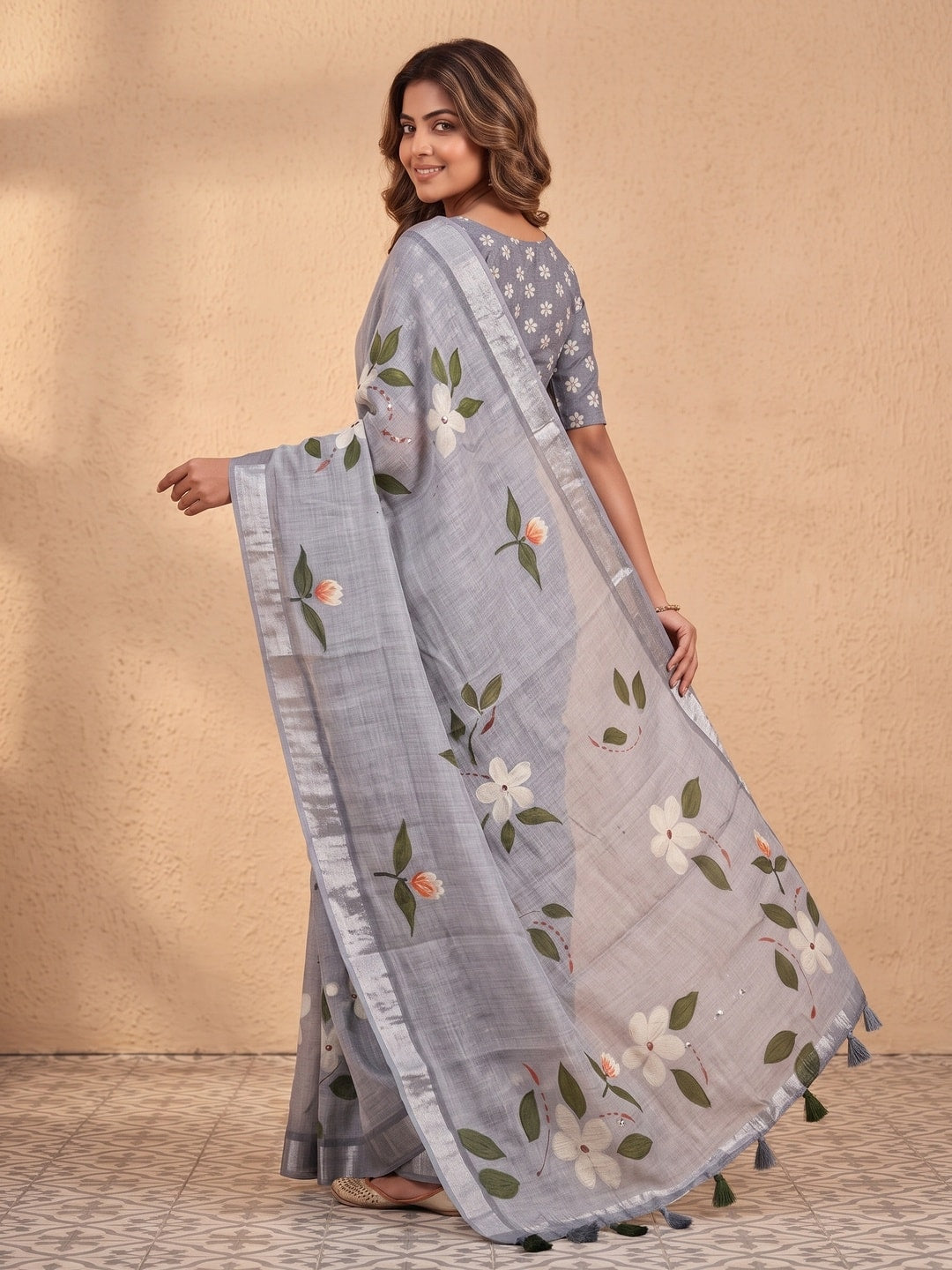 Peachmode Grey Pure Linen Weave Saree With Chennur Cotton Print And Thread Mirror Work With Tassels - Image 2