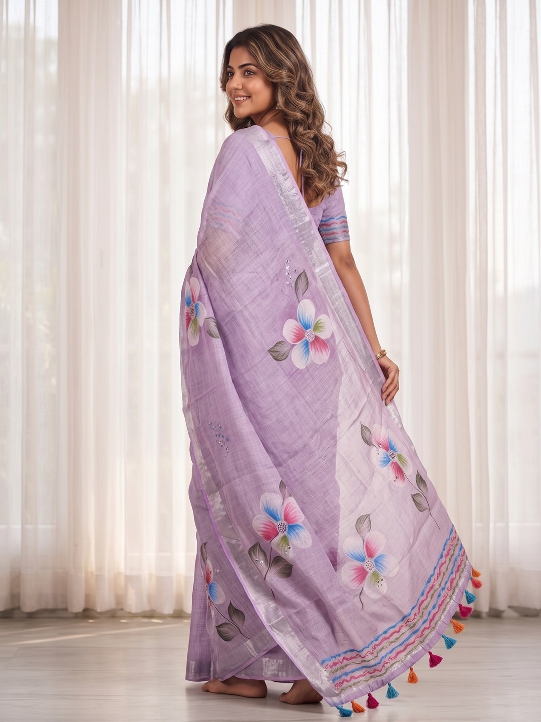 Peachmode Lavender Pure Linen Weave Saree With Chennur Cotton Print And Thread Mirror Work With Tassels - Image 2