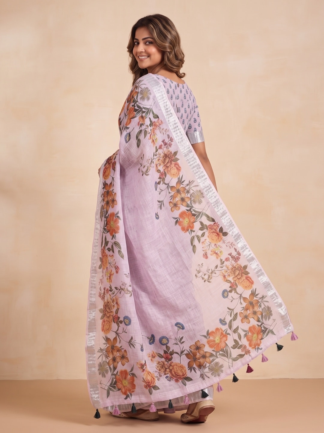 Peachmode Lilac Pure Linen Weave Saree With Chennur Cotton Print And Thread Mirror Work With Tassels - Image 2