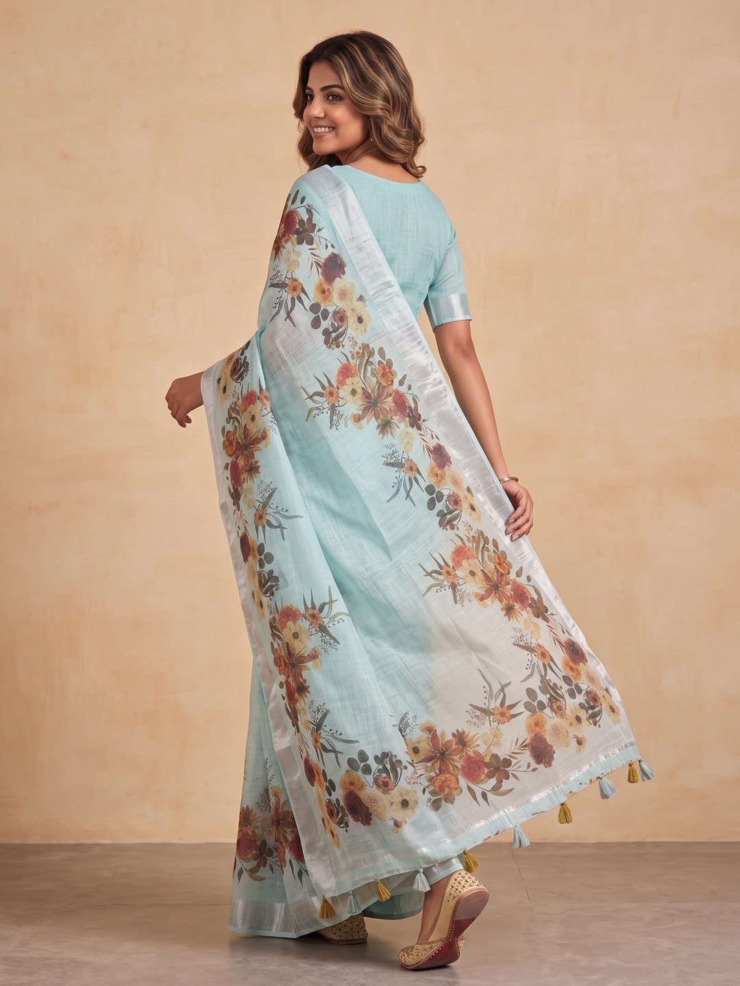 Peachmode Aqua Pure Linen Weave Saree With Chennur Cotton Print And Thread Mirror Work With Tassels - Image 2