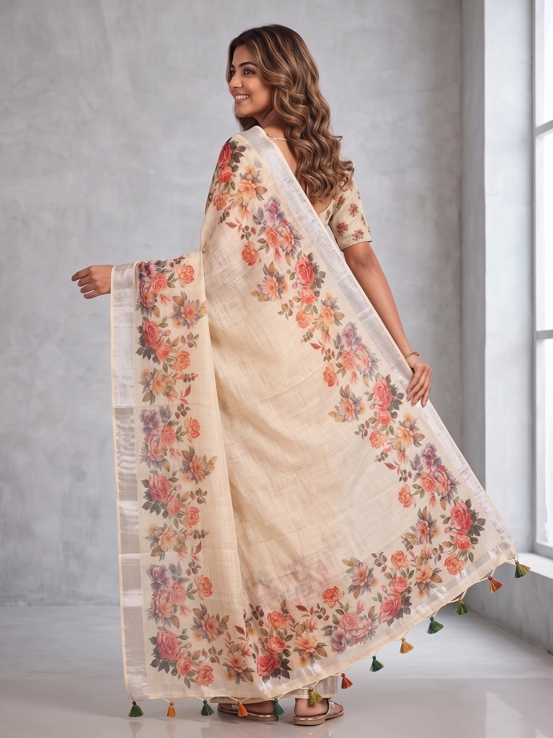 Peachmode Cream Pure Linen Weave Saree With Chennur Cotton Print And Thread Mirror Work With Tassels - Image 2