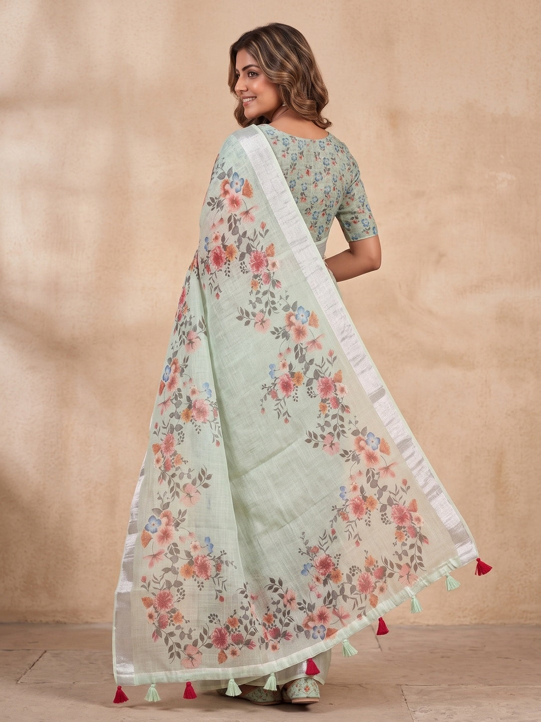 Peachmode Pista Pure Linen Weave Saree With Chennur Cotton Print And Thread Mirror Work With Tassels - Image 2