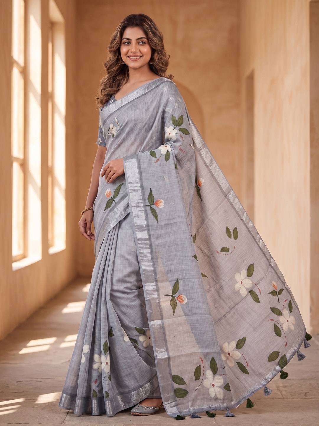 Peachmode Grey Pure Linen Weave Saree With Chennur Cotton Print And Thread Mirror Work With Tassels - Image 3