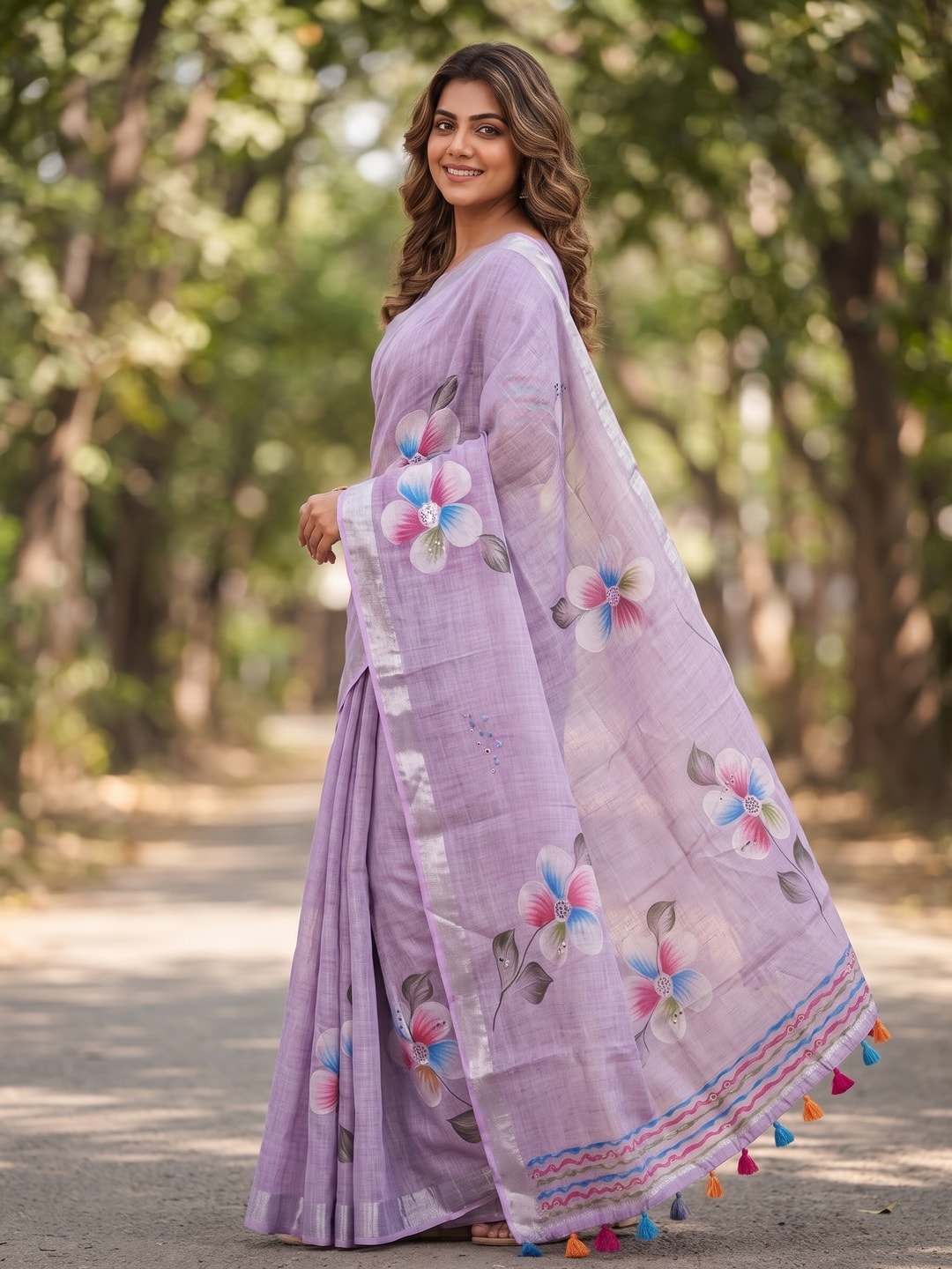 Peachmode Lavender Pure Linen Weave Saree With Chennur Cotton Print And Thread Mirror Work With Tassels - Image 3