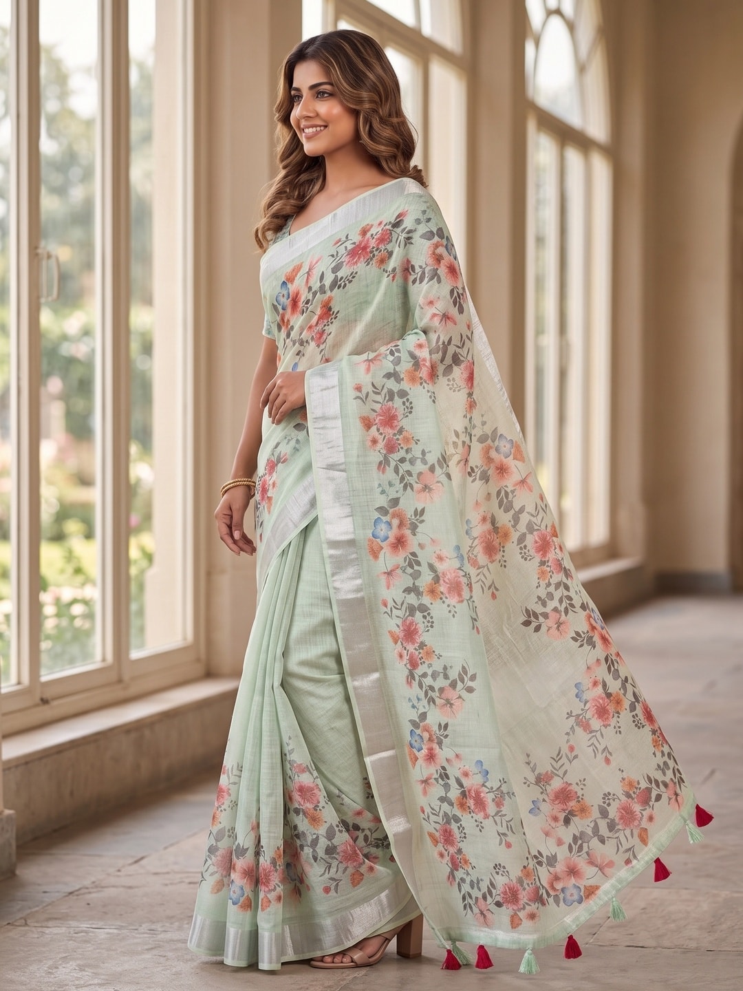 Peachmode Pista Pure Linen Weave Saree With Chennur Cotton Print And Thread Mirror Work With Tassels - Image 3