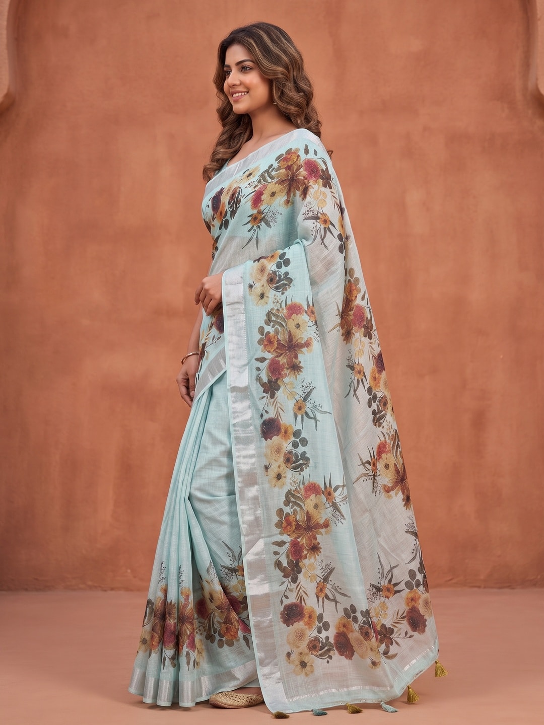Peachmode Aqua Pure Linen Weave Saree With Chennur Cotton Print And Thread Mirror Work With Tassels - Image 3