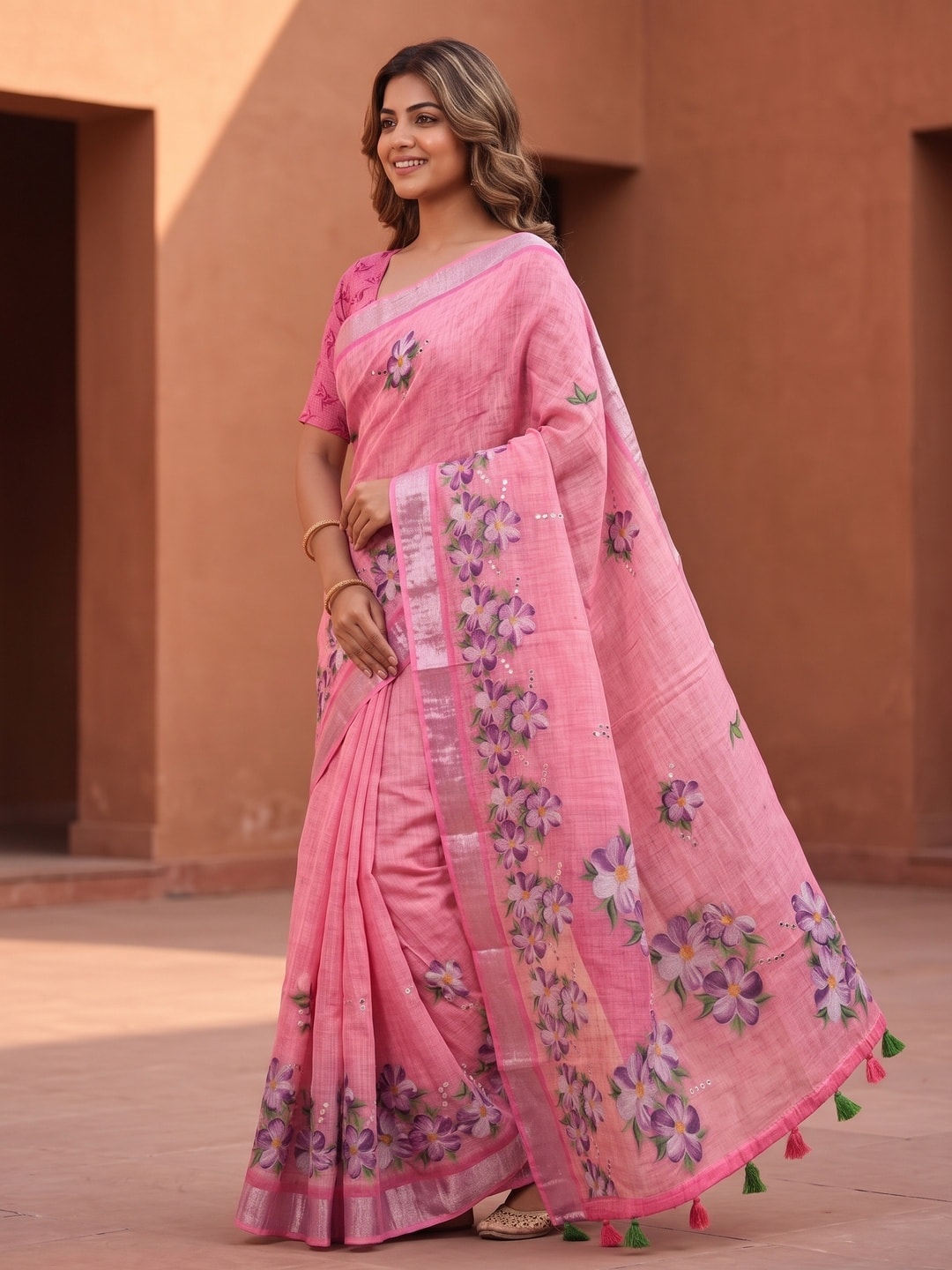 Peachmode Pink Pure Linen Weave Saree With Chennur Cotton Print And Thread Mirror Work With Tassels - Image 3