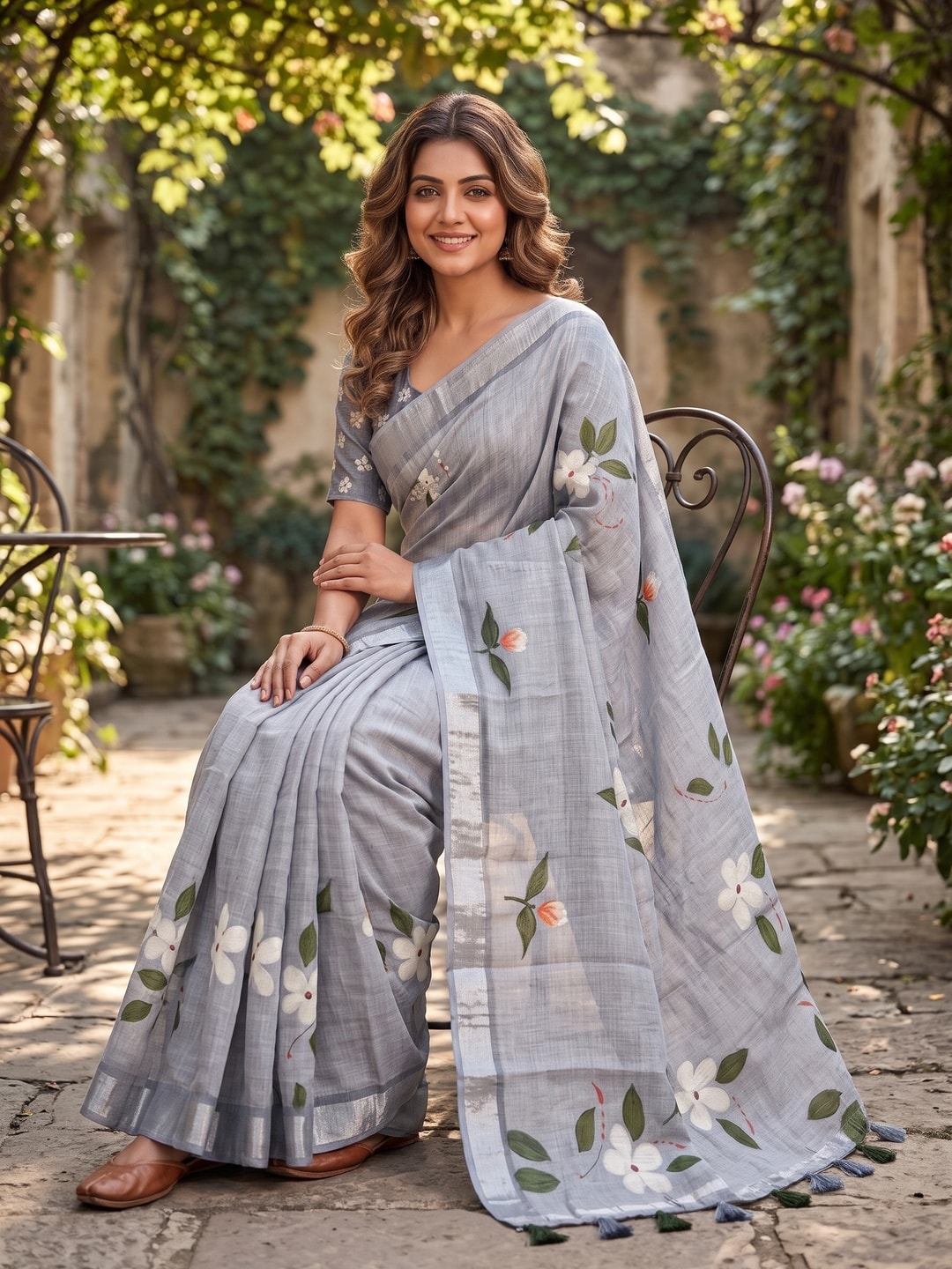 Peachmode Grey Pure Linen Weave Saree With Chennur Cotton Print And Thread Mirror Work With Tassels - Image 4