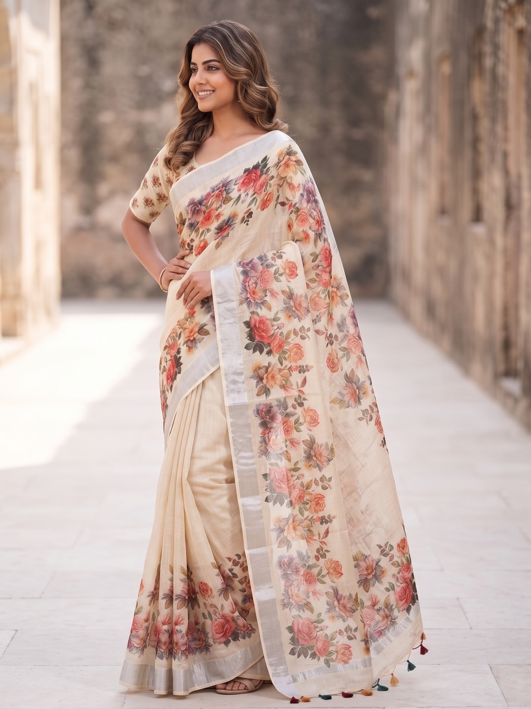 Peachmode Cream Pure Linen Weave Saree With Chennur Cotton Print And Thread Mirror Work With Tassels - Image 3