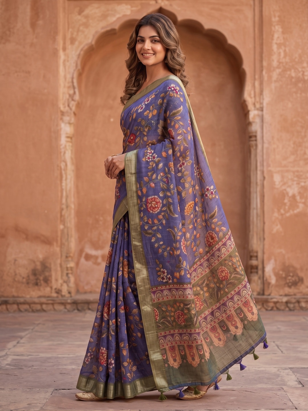 Peachmode Blue Pure Linen Weave Saree With Chennur Cotton Print And Thread Mirror Work With Tassels - Image 3