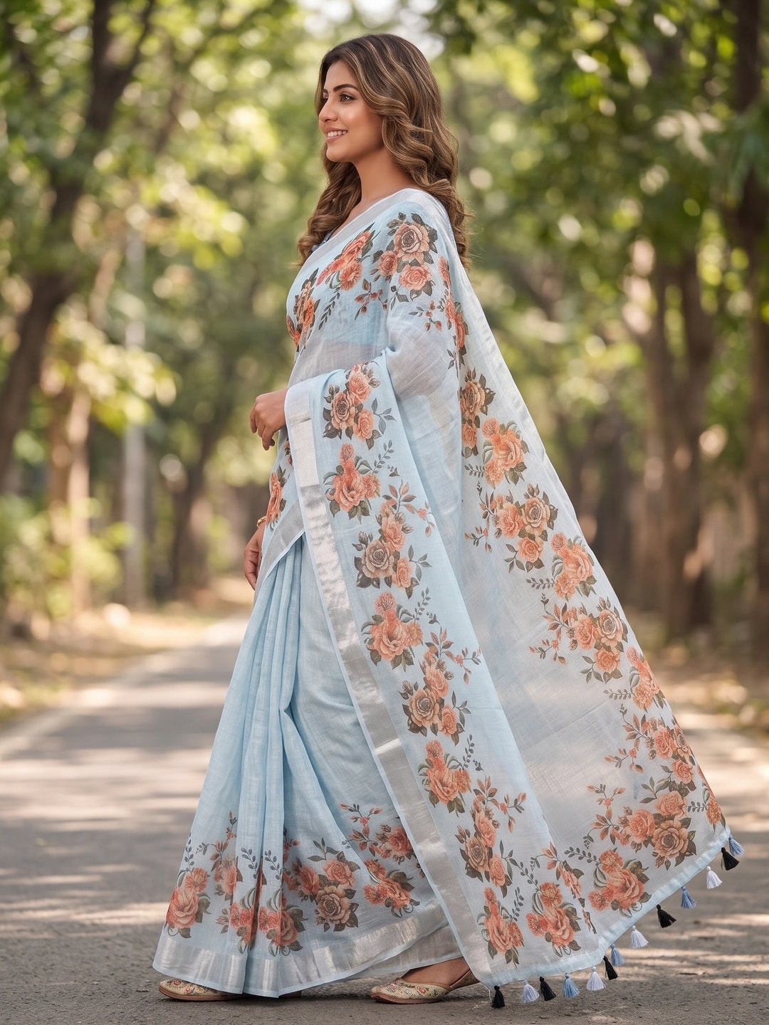 Peachmode Sky Blue Pure Linen Weave Saree With Chennur Cotton Print And Thread Mirror Work With Tassels - Image 3