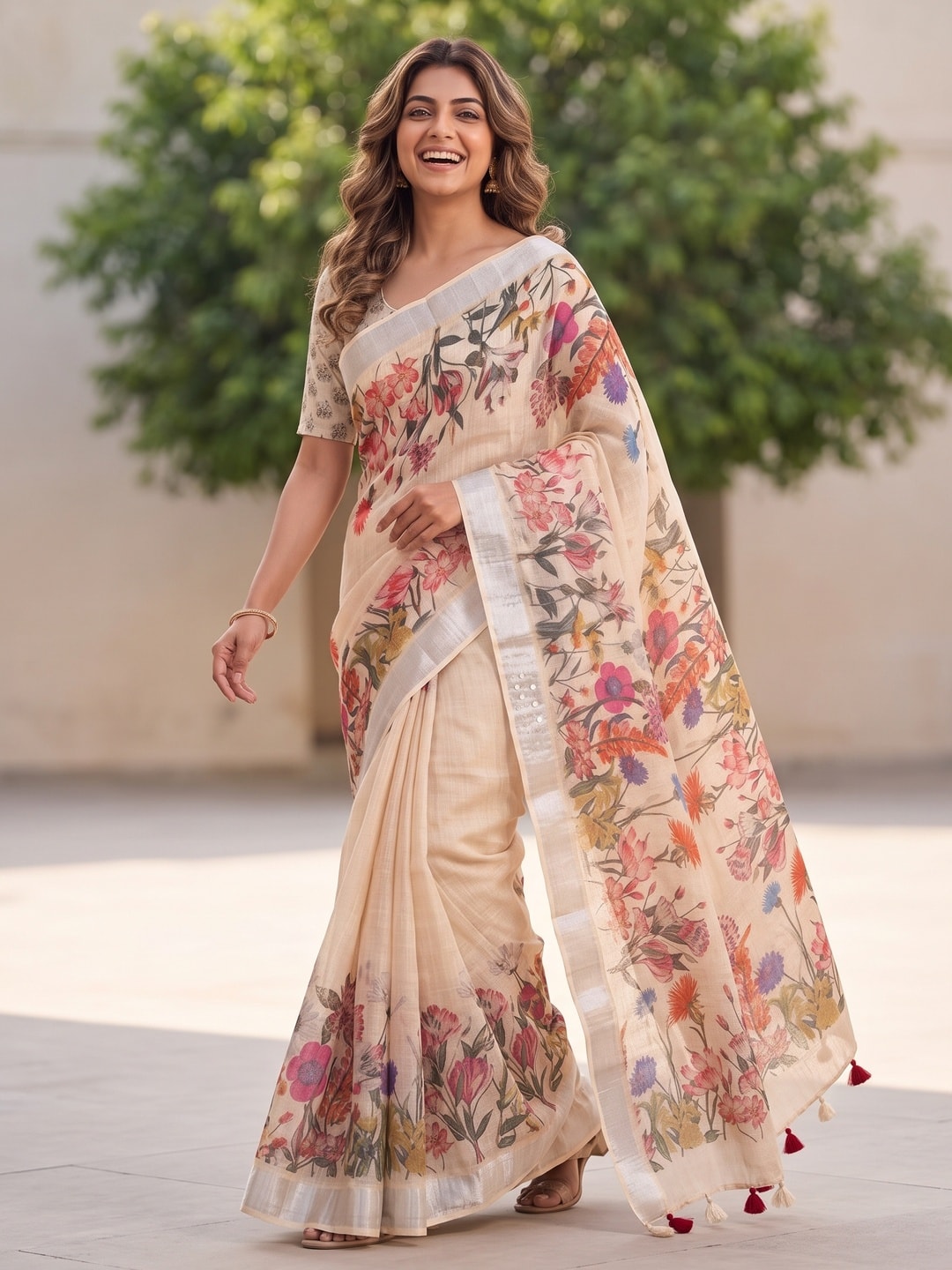 Peachmode Cream Pure Linen Weave Saree With Chennur Cotton Print And Thread Mirror Work With Tassels - Image 4
