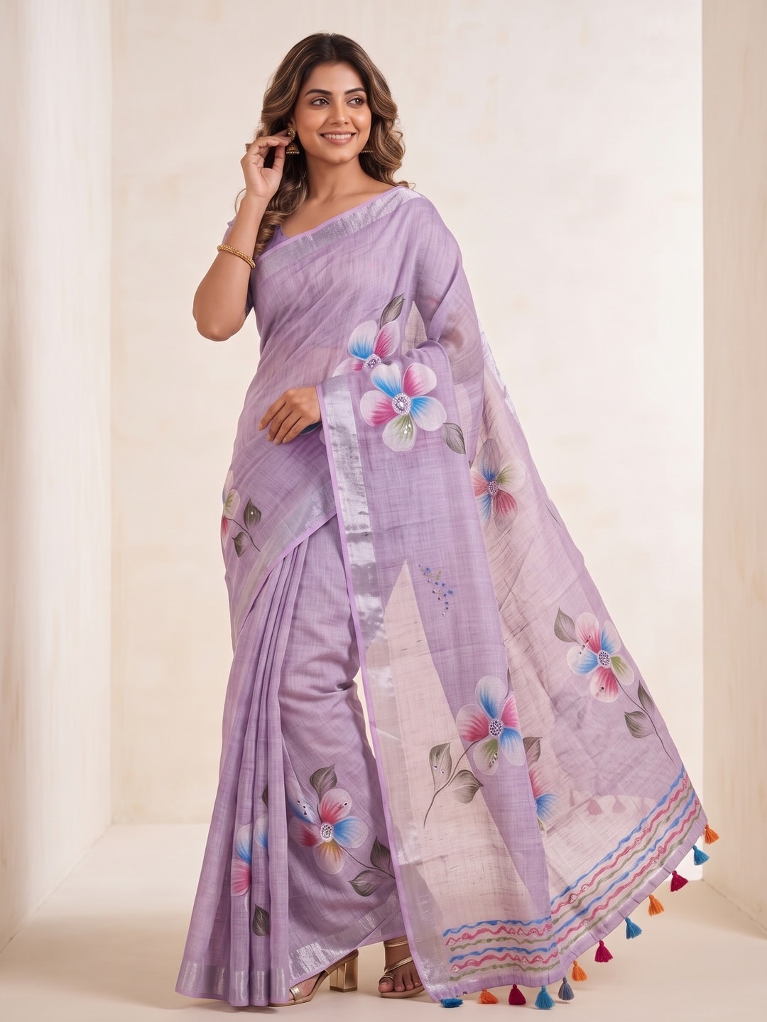 Peachmode Lavender Pure Linen Weave Saree With Chennur Cotton Print And Thread Mirror Work With Tassels - Image 4