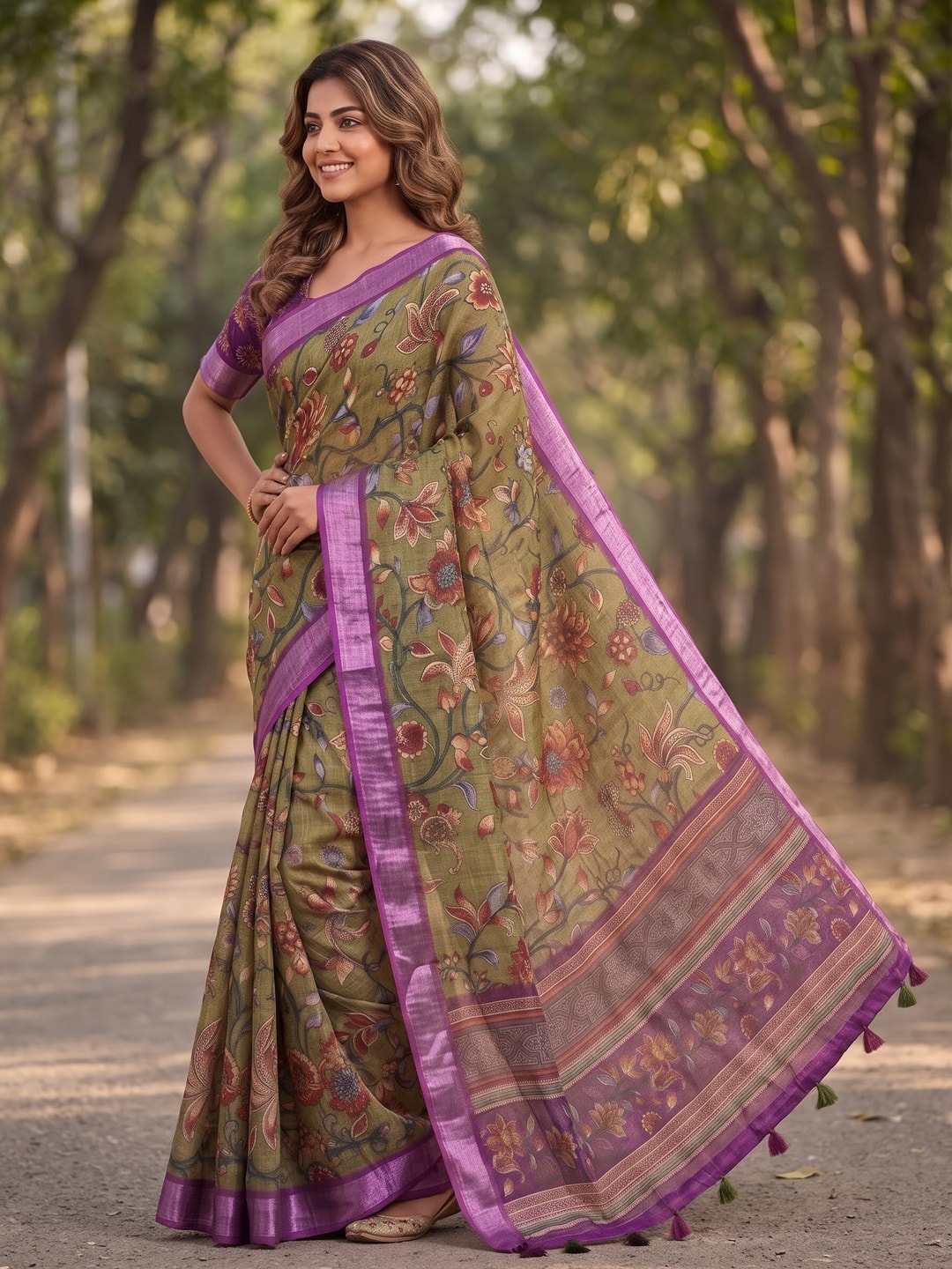 Peachmode Olive Pure Linen Weave Saree With Chennur Cotton Print And Thread Mirror Work With Tassels - Image 3