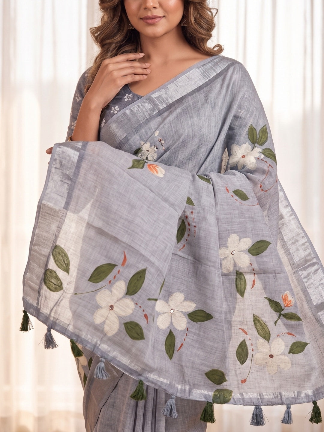 Peachmode Grey Pure Linen Weave Saree With Chennur Cotton Print And Thread Mirror Work With Tassels - Image 5