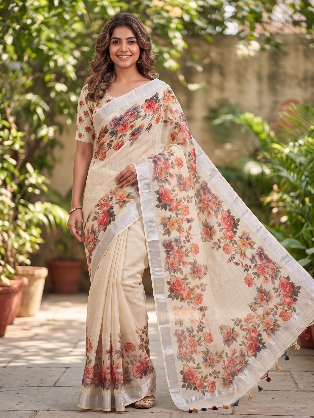 Peachmode Cream Pure Linen Weave Saree With Chennur Cotton Print And Thread Mirror Work With Tassels - Image 4