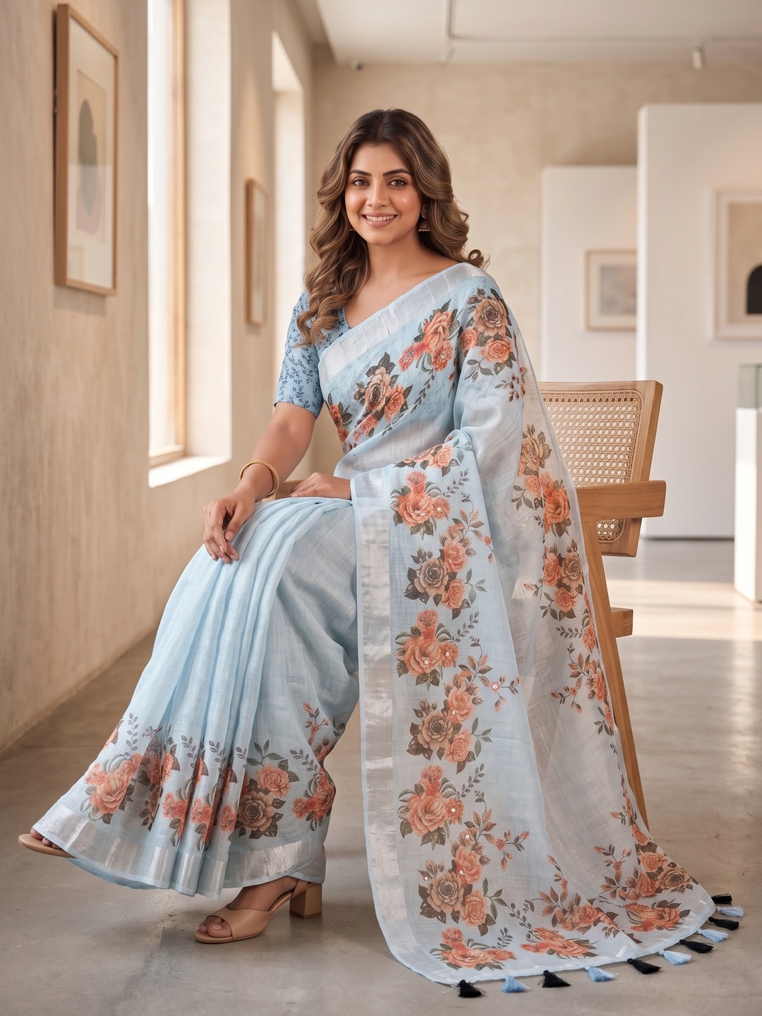 Peachmode Sky Blue Pure Linen Weave Saree With Chennur Cotton Print And Thread Mirror Work With Tassels - Image 4