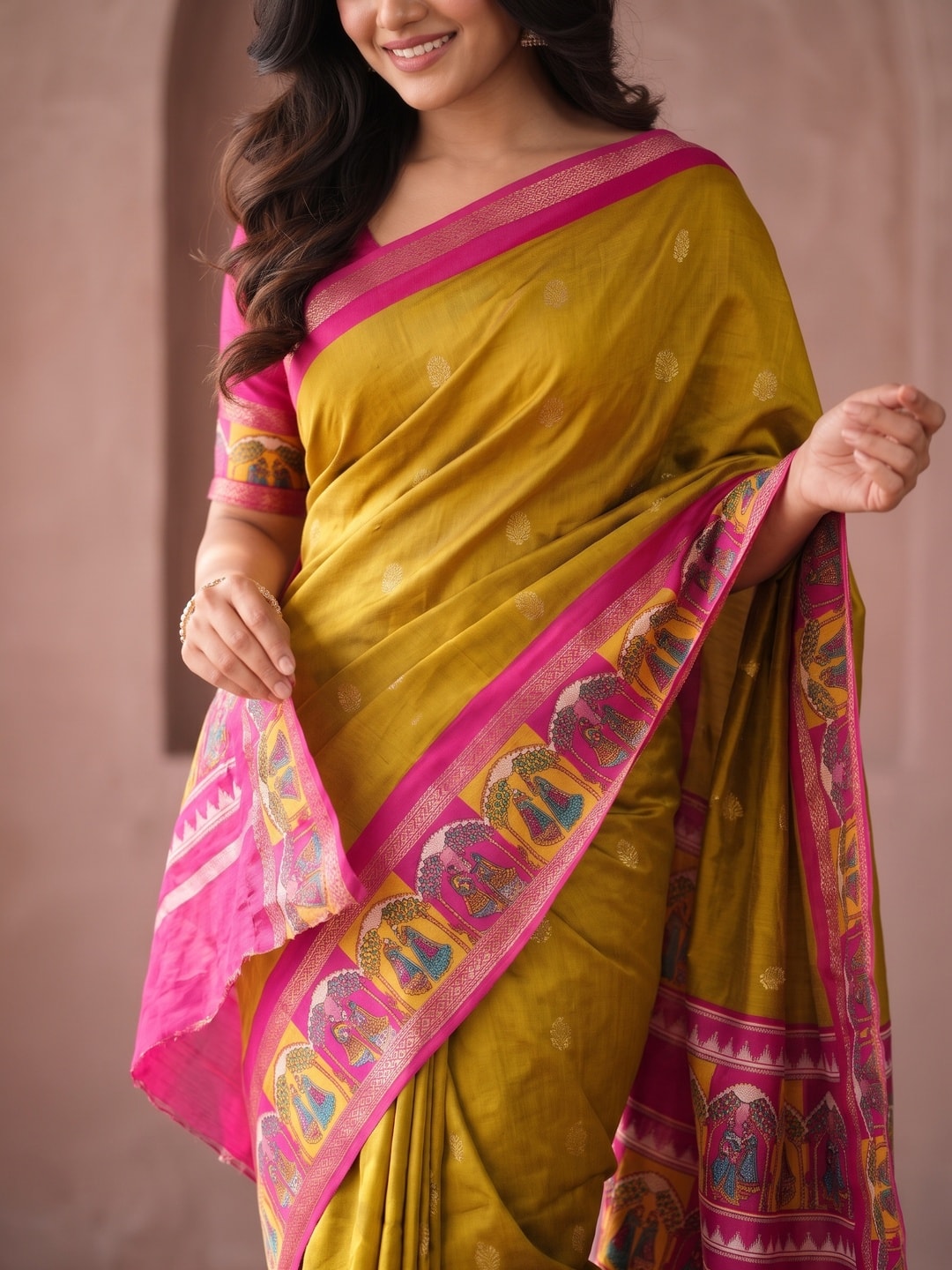 Peachmode Mustard Soft Cotton Weaving Butti Zari Jacquard Saree With Fancy Figure Design Border And Pallu - Image 5
