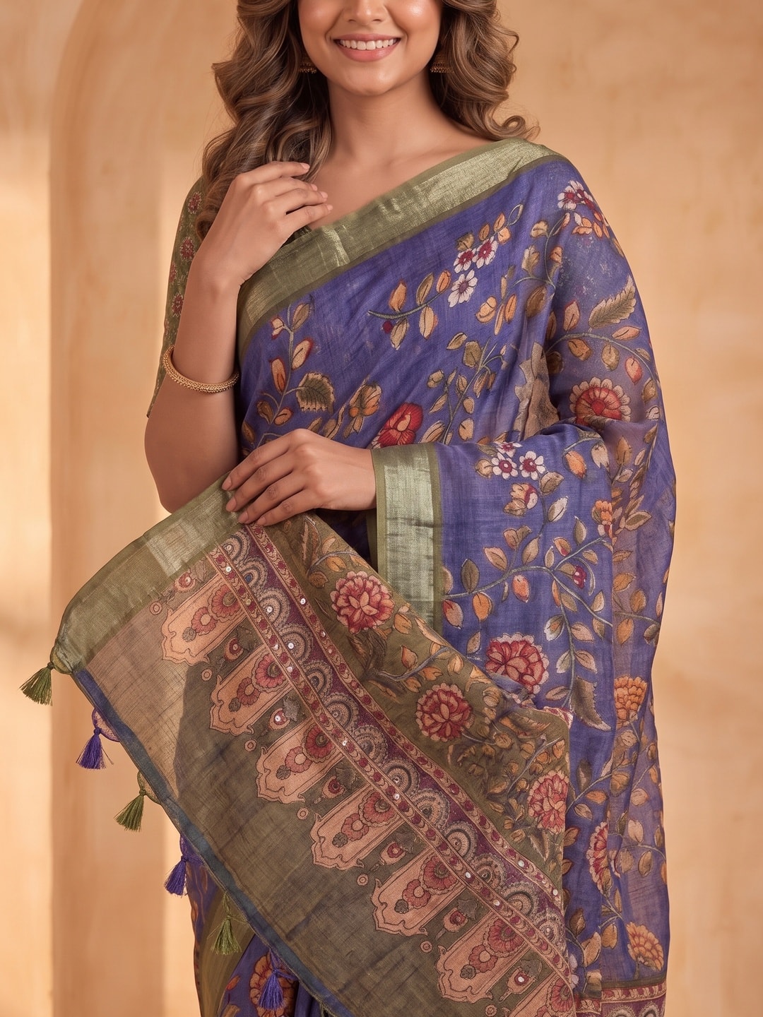 Peachmode Blue Pure Linen Weave Saree With Chennur Cotton Print And Thread Mirror Work With Tassels - Image 5