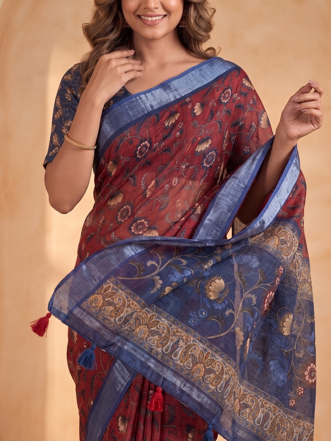 Peachmode Maroon Pure Linen Weave Saree With Chennur Cotton Print And Thread Mirror Work With Tassels - Image 5