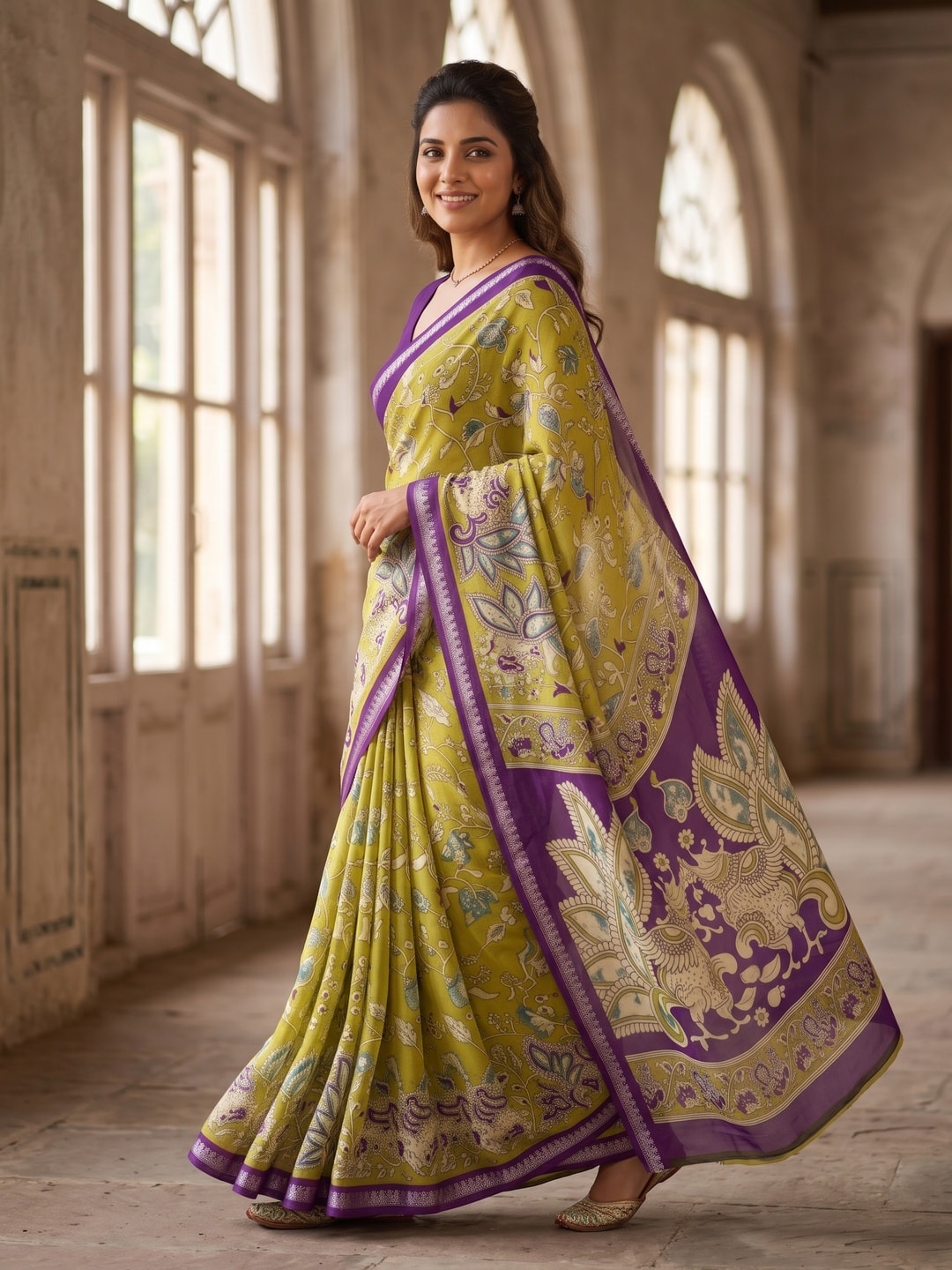 Peachmode Lime Soft Moss Georgette Zari Jacquard Saree With Kalamkari Design - Image 3