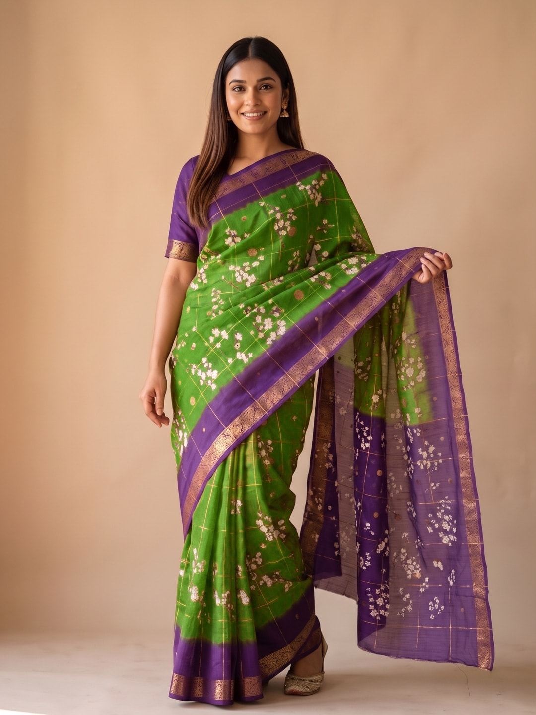 Peachmode Green Soft Cotton Chex Butti Zari Jacquard Saree With Silky Floral Print - Image 1