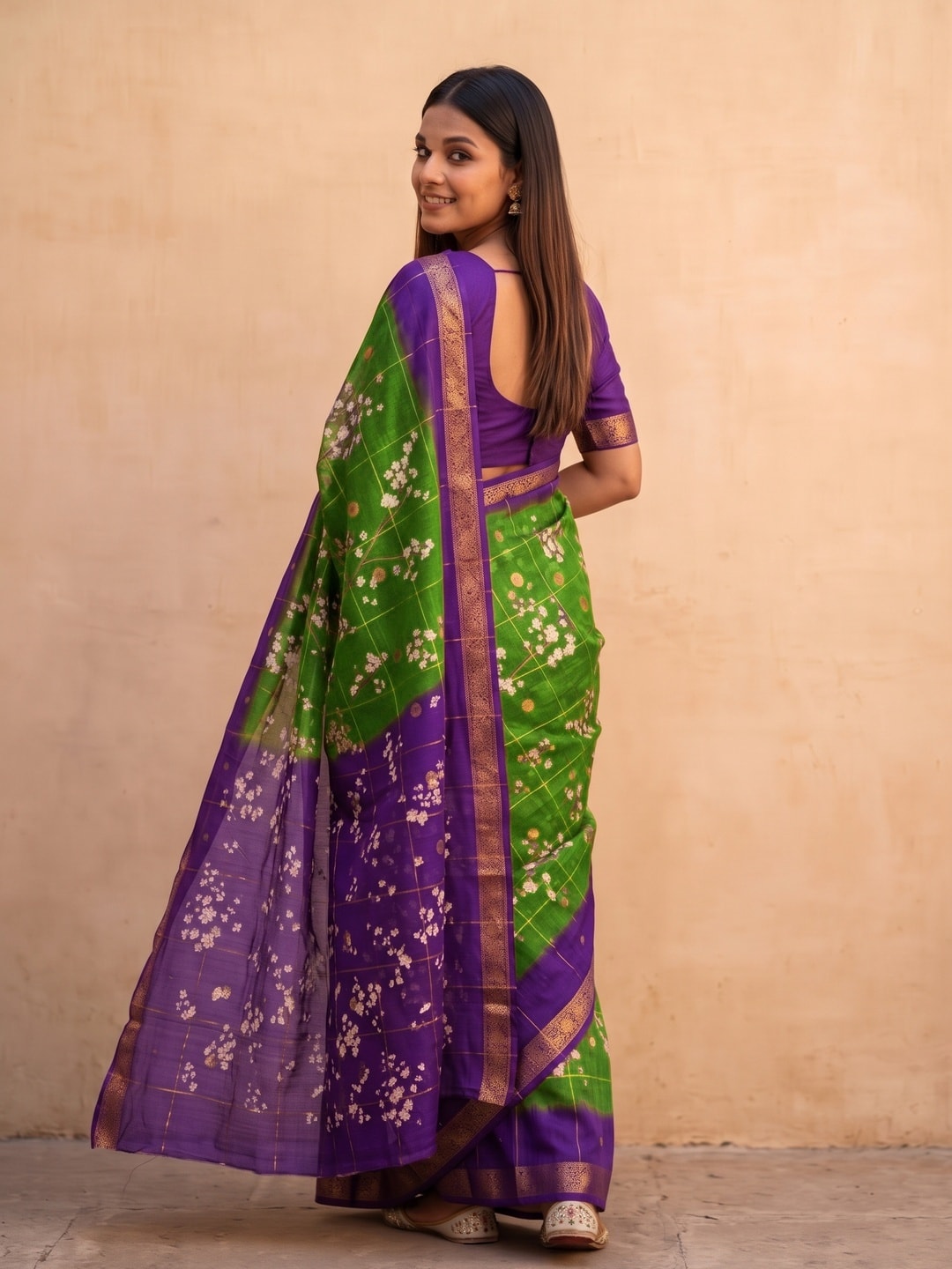 Peachmode Green Soft Cotton Chex Butti Zari Jacquard Saree With Silky Floral Print - Image 2
