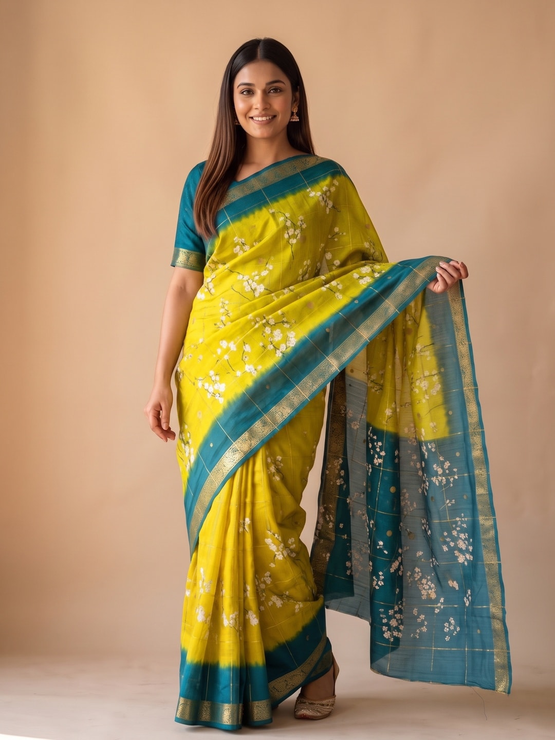 Peachmode Yellow Soft Cotton Chex Butti Zari Jacquard Saree With Silky Floral Print - Image 1